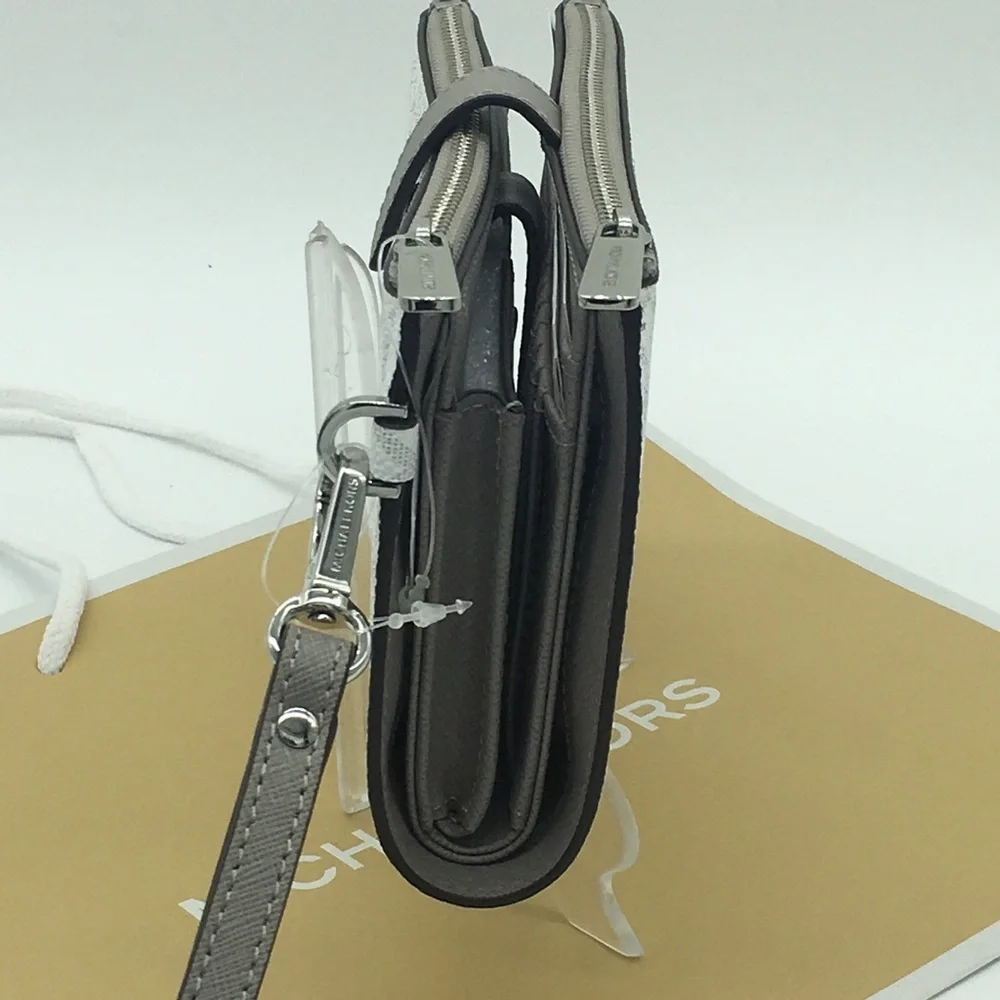 MICHAEL KORS LG DOUBLE ZIP wristlet BRT WHITE